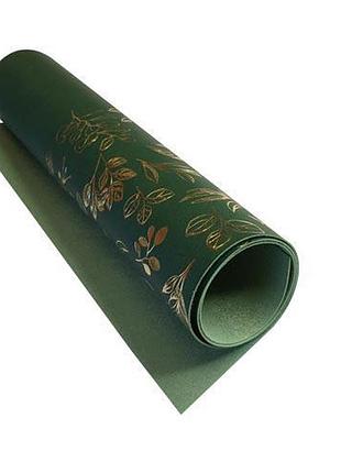 Отрез кожзама с тиснением золотой фольгой, дизайн golden branches, color dark green, 50см х 25см