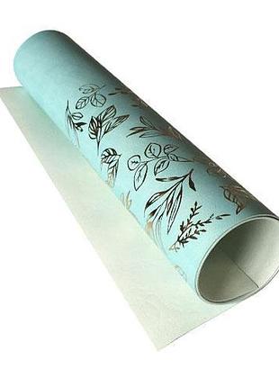 Отрез кожзама с тиснением золотой фольгой, дизайн golden branches mint, 50см х 25см