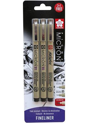 Набор линеров pigma micron 2шт (0.1/0.5) +1 линер-кисть pigma brush в подарок черный sakura