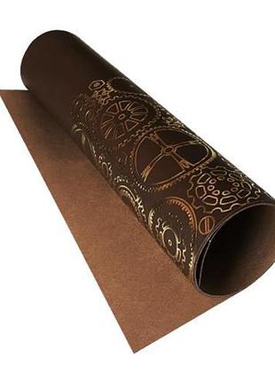 Отрез кожзама с тиснением золотой фольгой, дизайн golden gears chocolate, 50см х 25см