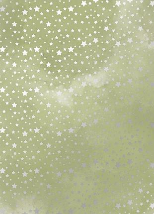 Аркуш односторонній паперу зі срібним тисненням, дизайн silver stars, olive watercolor, 30,5 см х 30,5 см