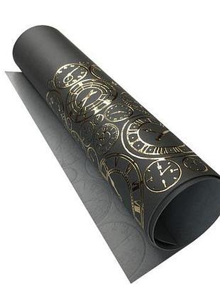 Отрез кожзама с тиснением золотой фольгой, дизайн golden clocks gray, 50см х 25см