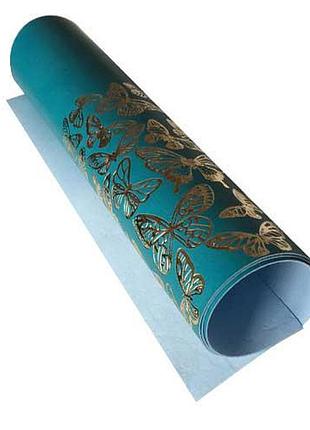 Отрез кожзама с тиснением золотой фольгой, дизайн golden butterflies turquoise, 50см х 25см