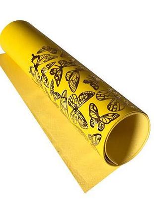 Отрез кожзама с тиснением золотой фольгой, дизайн golden butterflies yellow, 50см х 25см