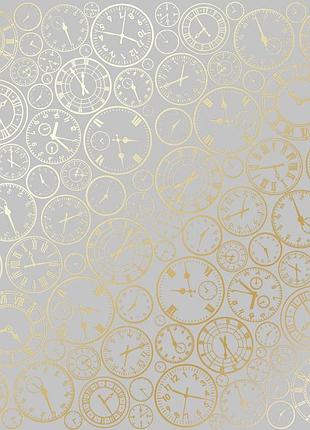 Аркуш односторонній паперу з фольгуванням, дизайн golden clocks gray, 30,5 см х 30,5 см