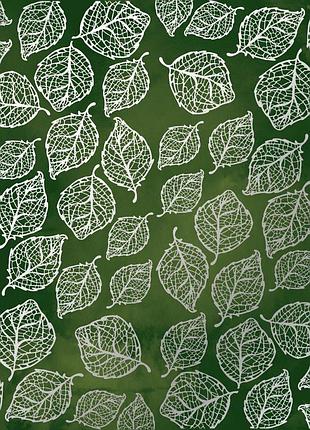 Лист односторонней бумаги с серебряным тиснением, дизайн silver delicate leaves, dark green aquarelle, 30,5см х 30,5см