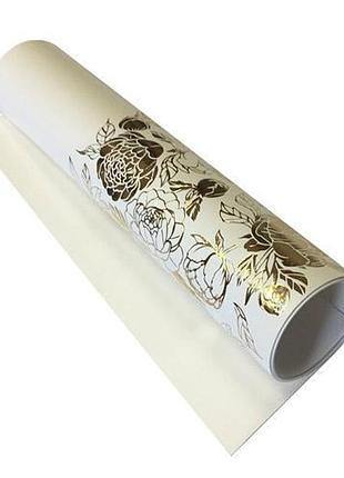 Отрез кожзама с тиснением золотой фольгой, дизайн golden peony passion, color white, 50см х 25см