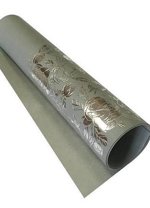 Отрез кожзама с тиснением серебряной фольгой, дизайн silver peony passion, color gray, 50см х 25см
