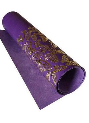 Отрез кожзама с тиснением золотой фольгой, дизайн golden butterflies violet, 50см х 25см