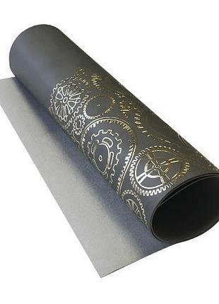Отрез кожзама с тиснением золотой фольгой, дизайн golden gears gray, 50см х 25см
