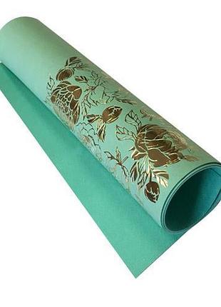 Отрез кожзама с тиснением золотой фольгой, дизайн golden peony passion, color mint, 50см х 25см
