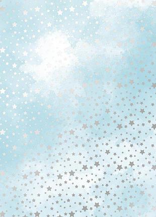 Лист односторонней бумаги с серебряным тиснением, дизайн silver stars, azure watercolor, 30,5см х 30,5см
