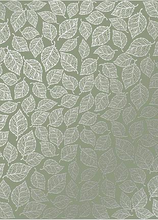 Лист односторонней бумаги с серебряным тиснением, дизайн silver leaves mini, olive, 30,5см х 30,5см