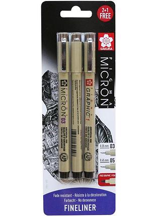Набір лайнерів pigma micron 2шт (0.3/0.5) +1 лінер-маркер pigma graphic в подарунок чорний sakura