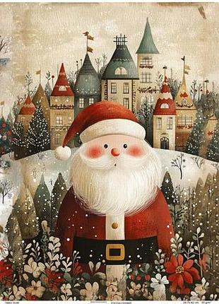 Декупажная карта санта клаус на фоне домов, #0865, 29,7x42см