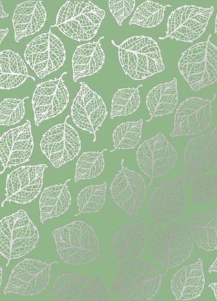 Лист односторонней бумаги с серебряным тиснением, дизайн silver delicate leaves, avocado, 30,5см х 30,5см