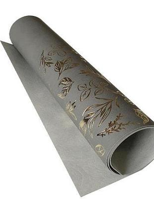 Отрез кожзама с тиснением золотой фольгой, дизайн golden branches gray, 50см х 25см