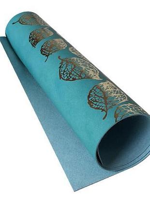 Отрез кожзама с тиснением золотой фольгой, дизайн golden leaves turquoise, 50см х 25см