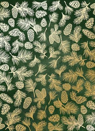 Лист односторонней бумаги с фольгированием, дизайн golden pine cones dark green aquarelle, 30,5см х 30,5см