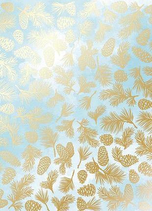 Лист односторонней бумаги с фольгированием, дизайн golden pine cones azure watercolor, 30,5см х 30,5см