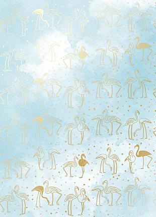 Лист односторонней бумаги с фольгированием, дизайн golden flamingo, color azure watercolor, 30,5см х 30,5 см