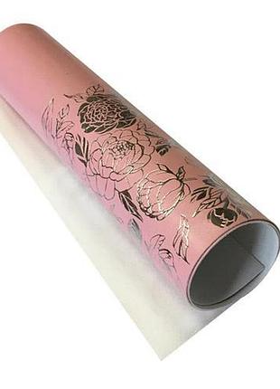 Отрез кожзама с тиснением серебряной фольгой, дизайн silver peony passion, color flamingo, 50см х 25см