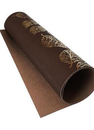 Відріз шкірозамінника з тисненням золотою фольгою, дизайн golden leaves chocolate, 50 см х 25 см