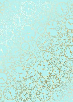 Аркуш односторонній паперу з фольгуванням, дизайн golden clocks turquoise, 30,5 см х 30,5 см