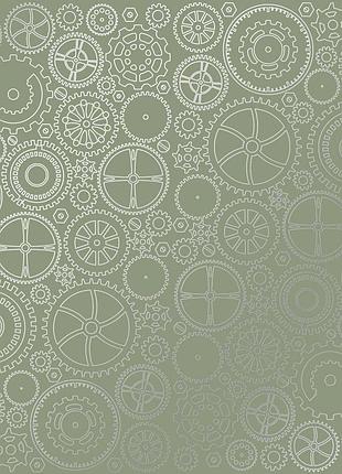 Лист односторонней бумаги с серебряным тиснением, дизайн silver gears olive, 30,5см х 30,5см