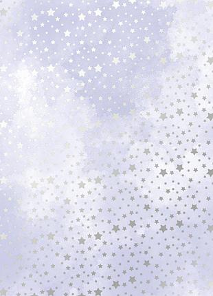 Лист односторонней бумаги с серебряным тиснением, дизайн silver stars, lilac watercolor, 30,5см х 30,5см