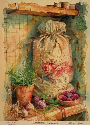 Декупажная карта на крафт бумаге 21x29,7см, ботаника винтаж , #0028