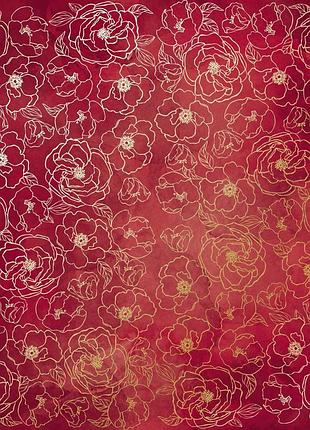 Лист односторонней бумаги с фольгированием, дизайн golden pion, color burgundy aquarelle, 30,5см х 30,5см