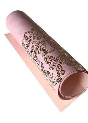 Отрез кожзама с тиснением золотой фольгой, дизайн golden butterflies flamingo, 50см х 25см