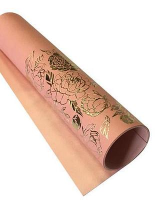 Отрез кожзама с тиснением золотой фольгой, дизайн golden peony passion, color peach, 50см х 25см