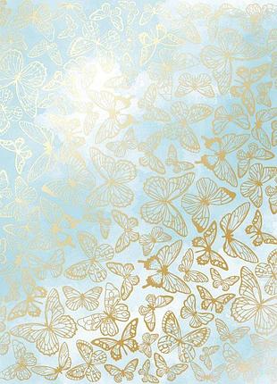 Лист односторонней бумаги с фольгированием, дизайн golden butterflies, color azure watercolor, 30,5см х 30,5см