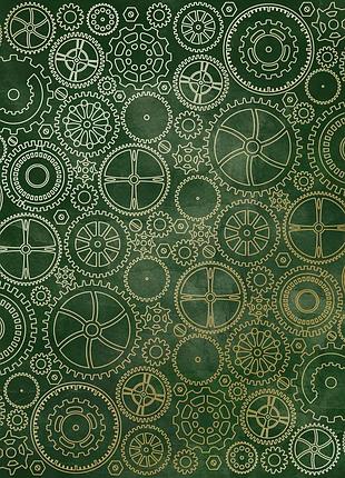 Лист односторонней бумаги с фольгированием, дизайн golden gears, color dark green aquarelle, 30,5см х 30,5 см