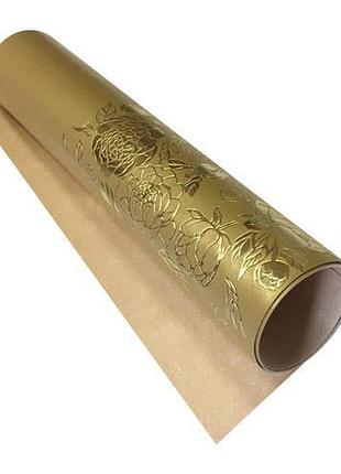 Отрез кожзама с тиснением золотой фольгой, дизайн golden peony passion, color gold, 50см х 25см