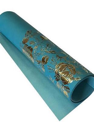 Отрез кожзама с тиснением золотой фольгой, дизайн golden peony passion, color bright blue, 50см х 25см