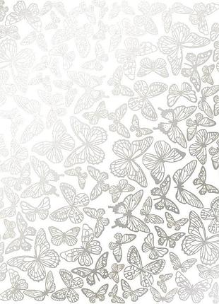Аркуш односторонній паперу зі срібним тисненням, дизайн silver butterflies white, 30,5 см х 30,5 см