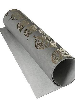 Отрез кожзама с тиснением золотой фольгой, дизайн golden leaves gray, 50см х 25см