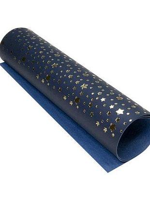 Отрез кожзама с тиснением золотой фольгой, дизайн golden stars dark blue, 50см х 25см