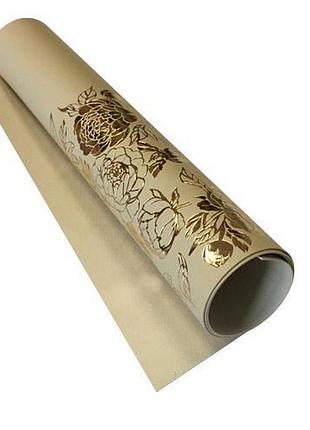 Отрез кожзама с тиснением золотой фольгой, дизайн golden peony passion, color beige, 50см х 25см