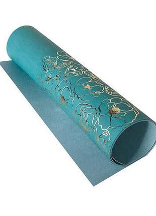 Отрез кожзама с тиснением золотой фольгой, дизайн golden pion turquoise, 50см х 25см