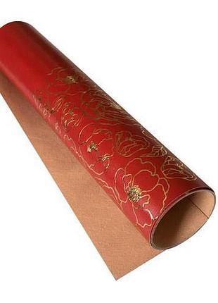 Отрез кожзама с тиснением золотой фольгой, дизайн golden pion wine red, 50см х 25см