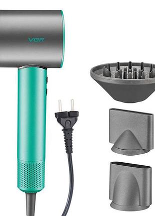 Фен профессиональный vgr v-440 11000 об/мин зеленый с 3 насадками и функцией ионизации волос