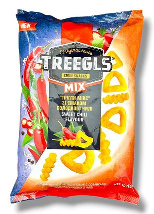 Кукурудзяні снеки treegls mix «солодкий чилі» 70 г, хрусткі фігурні кільця триглі мікс