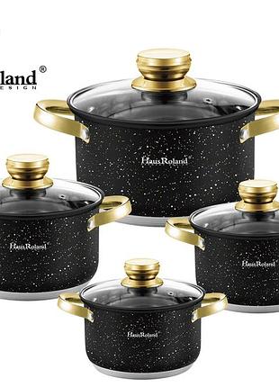 Набор кастрюль haus roland hr131-10, 4 шт из нержавеющей стали 2,1/2,8/3,9/6,1 л, с гранитным покрытием. черный (hr131-10)