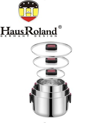 Набір каструль haus roland hr168-1, 3 шт. з неіржавкої сталі 1,9/3,6/6,5 л, зі складаними ручками. сріблястий (hr168-1)