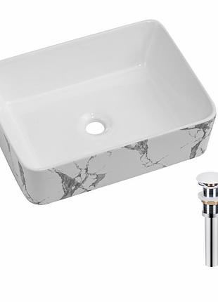 Раковина накладная qtap tern 480x370x135 мм, marble, прямоугольная, с донным клапаном qt17116069mr