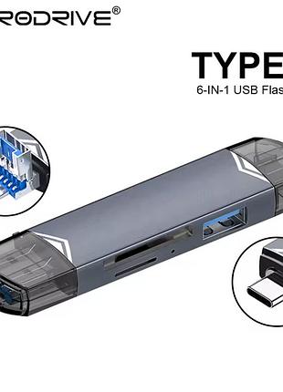 Універсальний кард-рідер 6 в 1 otg usb, type-c, microusb - microsd tf, sd. картридер зчитувач флеш-карт f71